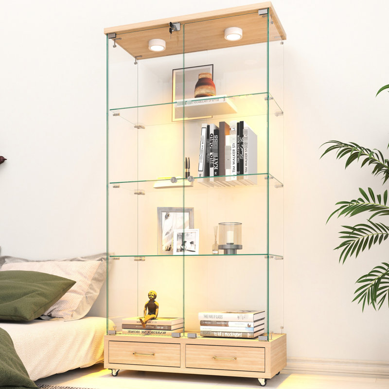 Élégante vitrine en verre avec 2 tiroirs, 4 tablettes, DEL à 13 couleurs et verrouillage sécuritaire pour mettre en valeur des figurines dans la chambre à coucher, assemblage rapide et élégant, rangement pour petits espaces de cuisine