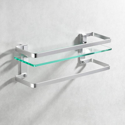 Wall Mounted Rectangle Glass Shelf with Aluminum Rail and Towel Bar, Extra Thick Tempered Glass Floating Shelf for Bathroom Storage Space Saving Design 