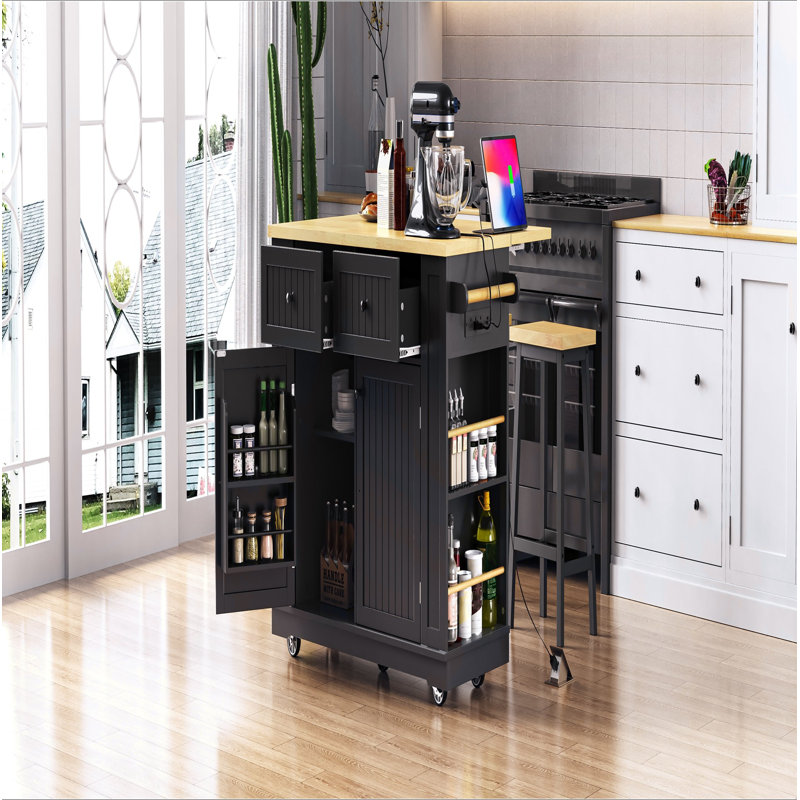48 Inch Large Kitchen Island With Drop Leaf,Power Outlet,Internal Storage Rack,Rolling Kitchen Storage Cart On 5 Wheels With 5 Open Side Racks,For Kitchen,Dining Room(Not Include Stools)