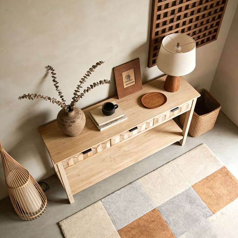 60'' Fir Veneer Entryway Table with Honeycomb-patterned Fronts,Modern Stylish Console Table, Natural