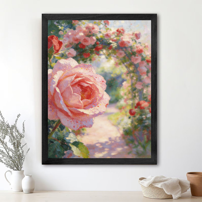 «Black» encadrée porte rétro envahie de roses menant au jardin, impression sur toile impressionniste, H 17 po x l 13 po