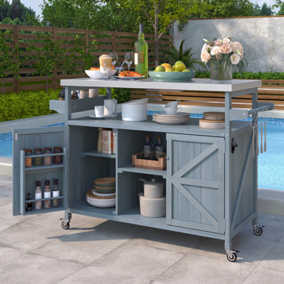 Grey Blue Rolling Outdoor Kitchen Island, Solid Fir Wood Bar Cart with Stainless Steel Top