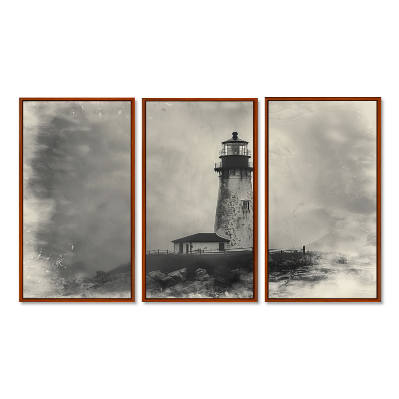 Phare rétro rétro brouillard d'hiver - ensemble de reproductions d'art mural phares, Toile avec cadre flottant brun