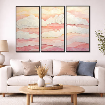 Pink Cloud Wall Art, Watercolor Sky Canvas - Haden 3 Piece Framed Canvas Wall Art Set Abstract Sky Decor