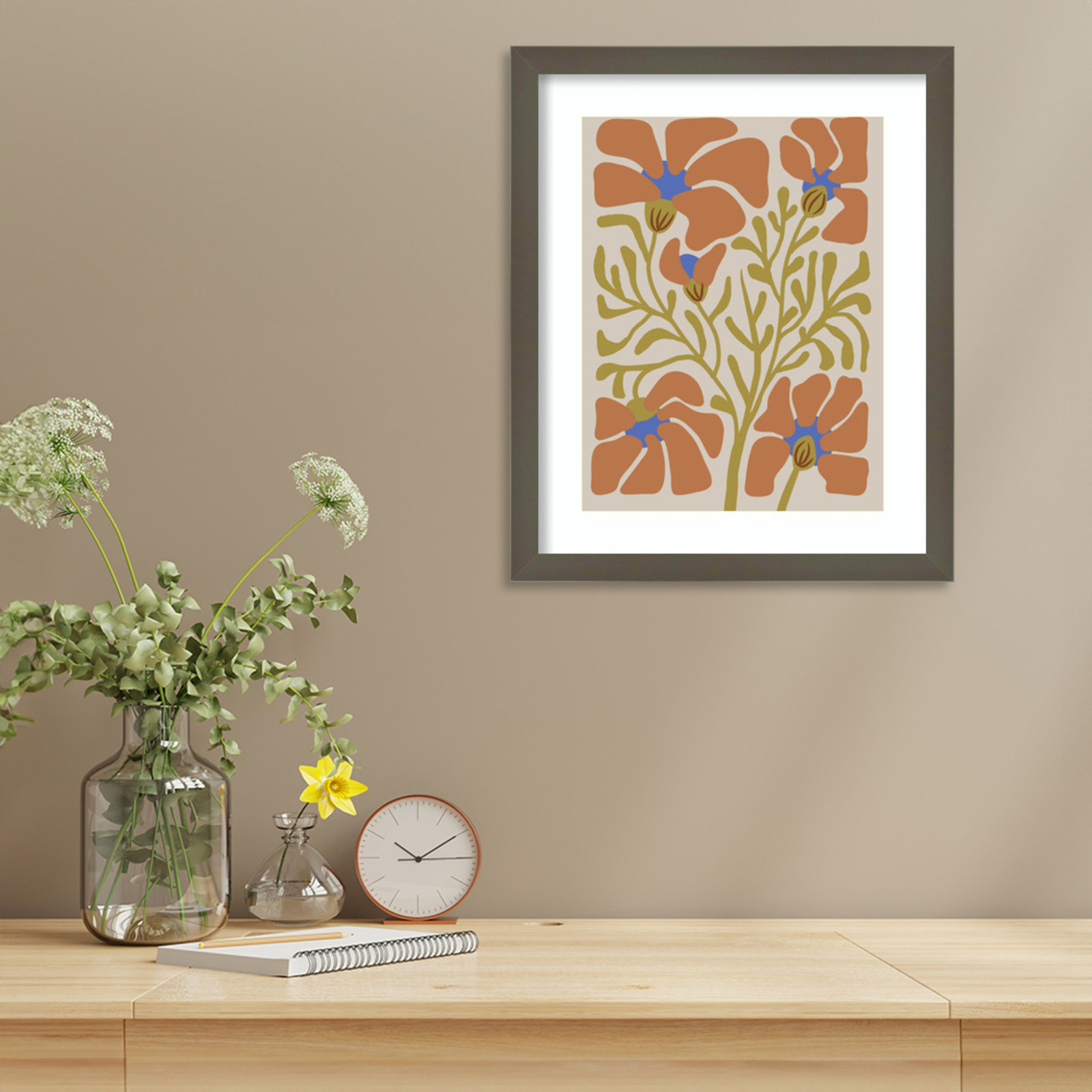 Expressive Abstract House Plant Orange On Tan Framed On Paper by The Creative Bunch Studio Print, Gray, 17" H x 14" W x 1" D