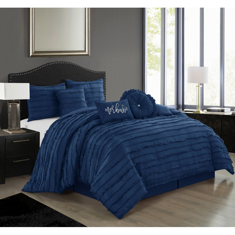 Ensemble d'édredon chic 7 pièces Merbabe, Marine, Édredon de très grande taille et 6 pièces suppl