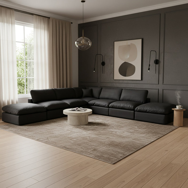 Hisayoshi Upholstered L-Shaped Sectional Reversible, Black Vegan Leather