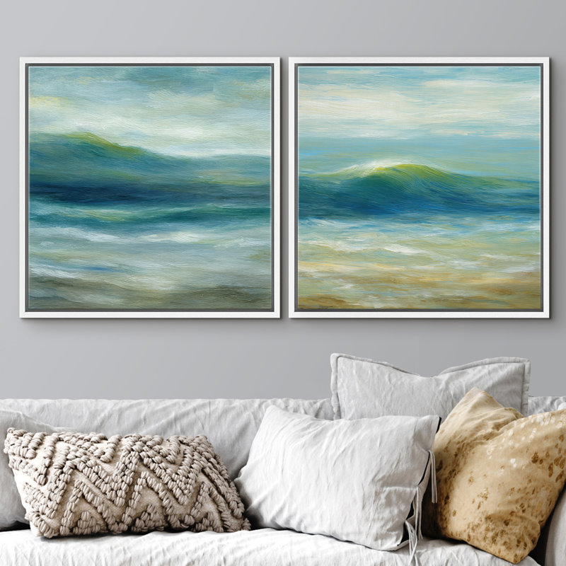 «Ocean Wave Coastal Wall Decor», art mural encadré de chambre à coucher bleue et verte encadrée 2 pièces, H 24 po x l 24 po