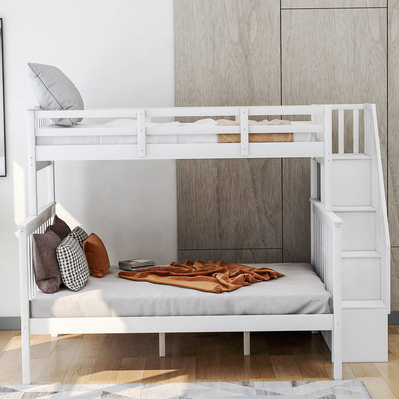 Stairway Twin-Over-Full Bunk Bed With Storage And Guard Rail For Bedroom, White Color(OLD SKU :LT000019AAK), White