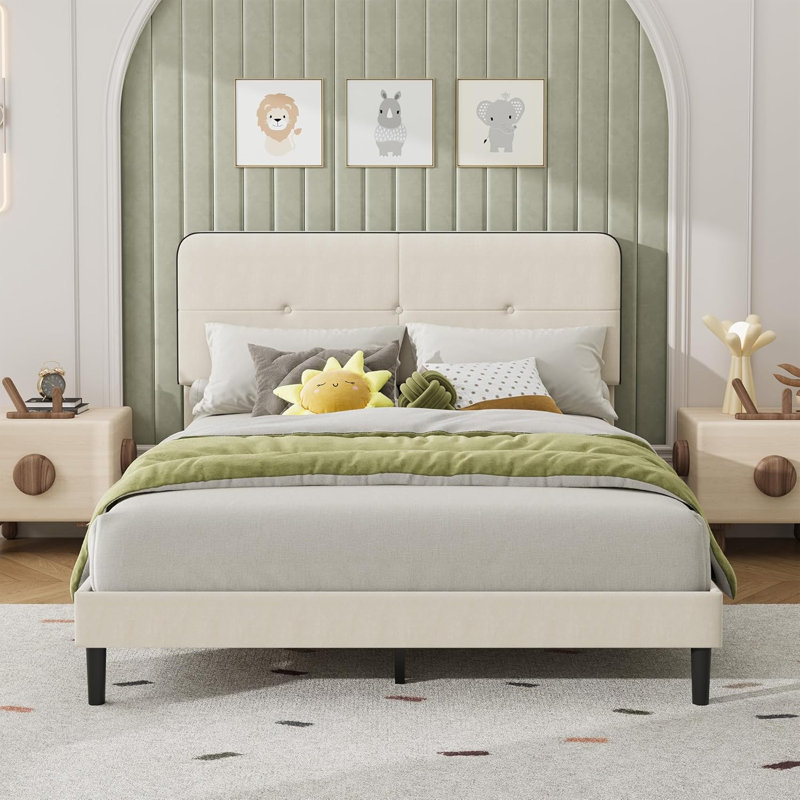 Lit plateforme tapissier en velours, cadre de lit avec tête de lit réglable, lattes de bois, support en métal, Beige