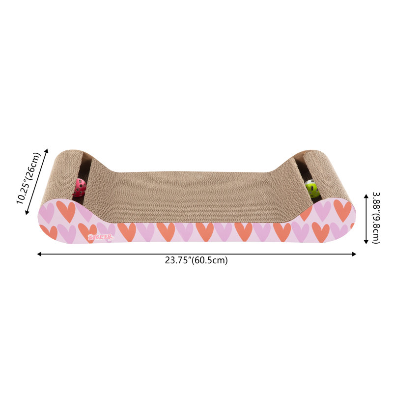 Grattoir moderne en carton 23,75 po avec jouets en forme de cloche et d'herbe à chat, Rose/rouge