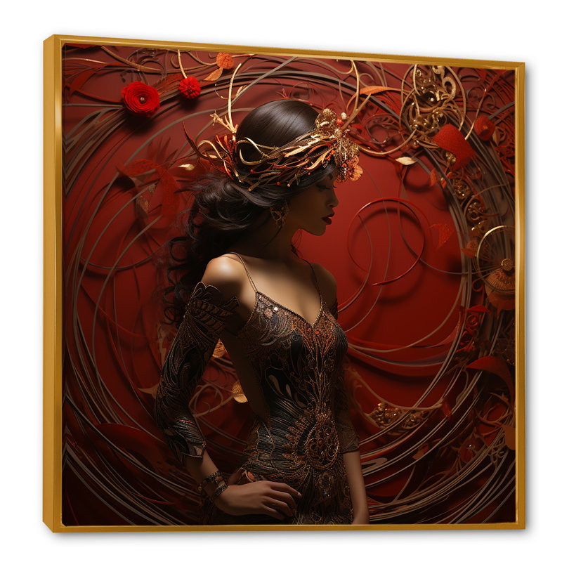Rouge et or Diva Glamour éblouissant - Art mural glam, Cadre simple noir, H 30 po x l 30 po x P 1,5 po