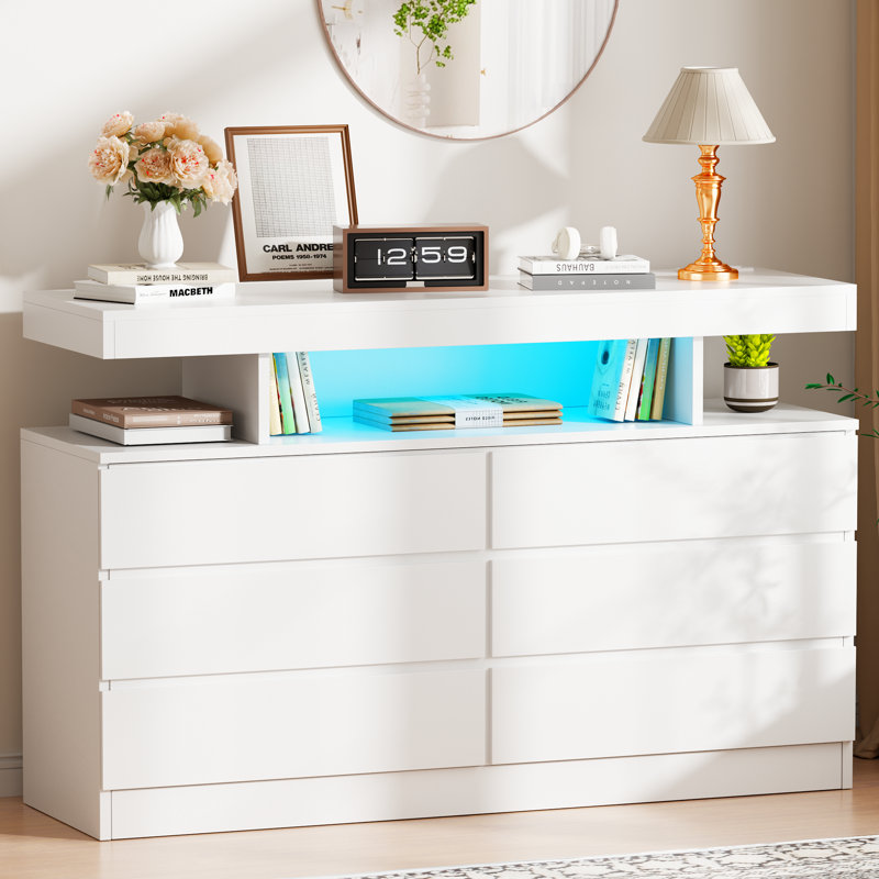 Adriel 6 Drawer 47.3" W White Dresser With Power Outlet And Led Light, White