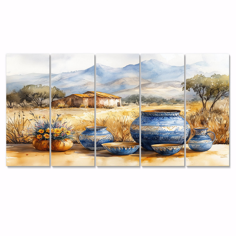 Art mural brun sur toile, art africain du désert III - Boho Pottery, H 32 po x l 80 po
