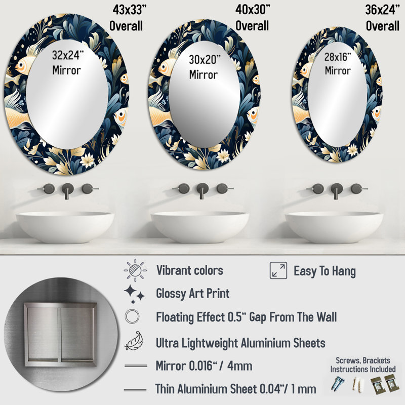 Ryshawn Coastal Underwater Elegance Coastal Pattern - Coastal Wall Mirror, Coastal, 36 po x 24 po, Ovale