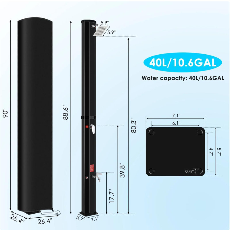 7.4Ft 10.6 Gallon Solar Heated Shower,