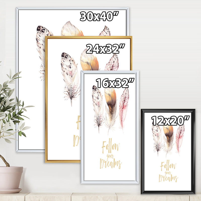 Plumes de bohème multicolores «Follow Your Dreams» - Art textuel sur toile, Cadre blanc, H 32 po x l 24 po x P 1 po