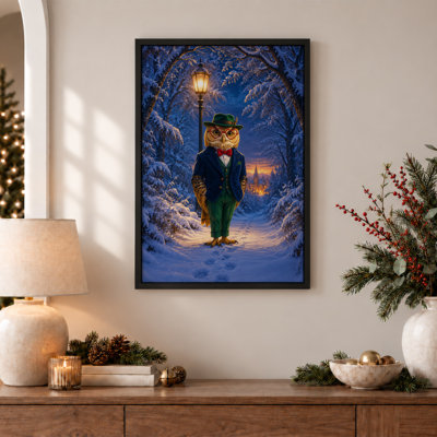 Art mural sur toile, hibou en costume bleu et chapeau vert sur un hiver enneigé
