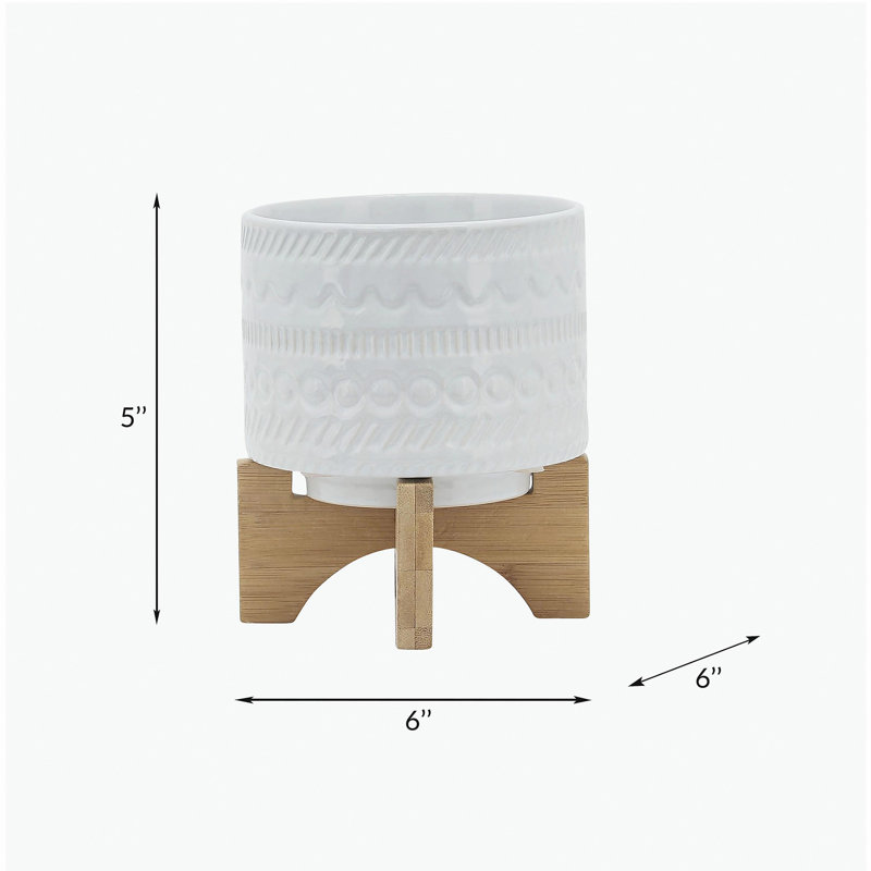 5" TRIBAL PLANTER W/ WOOD STAND, WHITE