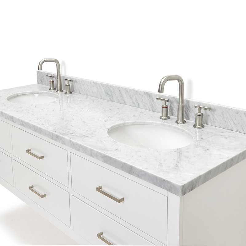 73'' W Double Vanity, Pure White Quartz, Gray, Brushed Nickel