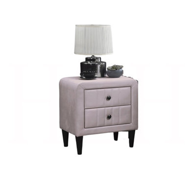 Light Pink Color Velvet Gorgeous Nightstand & Bedside Table – 2 Drawers, Bedroom Furniture, Sleek Design with Tempered Legs, 1 Piece Only