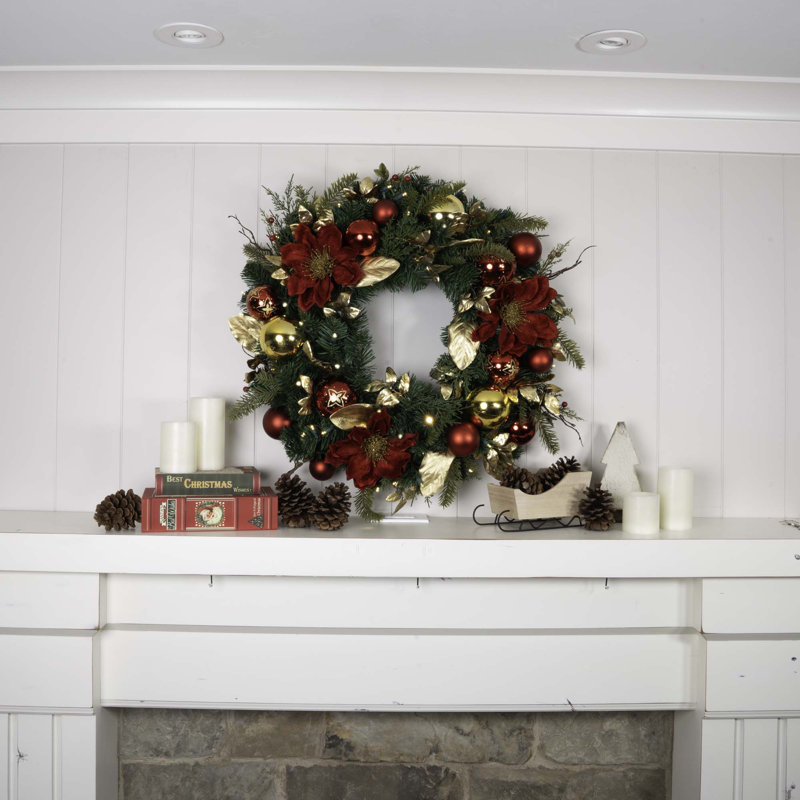 Golden Leaf Red Magnolia 30'' Artificial Christmas Wreath with LED Lights