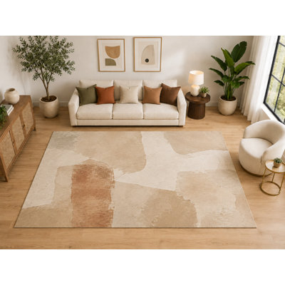 "Ultra Thin" Large 6'7" x 9'10" Abstract Stone Patch Area Rug, Soft Low Pile Indoor Rug and Non-Slip Silicone Backing for Living Room Bedroom, Beige