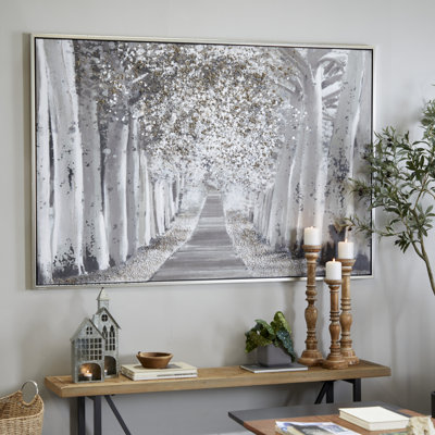 White Canvas Forest Landscape Framed Wall Art with Silver Frame