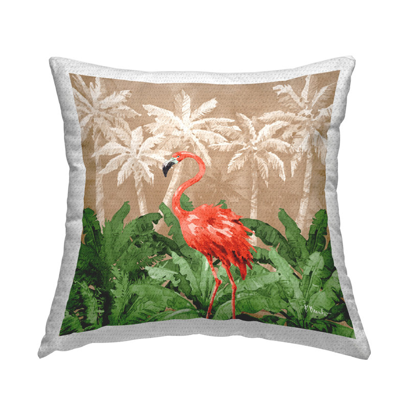 Green and Beige Polyester Outdoor Square Pillow with Flamingo Design