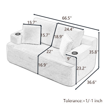 Canapé 2 places 169 cm (66,5 po) sans ossature, avec 2 coussins supplémentaires, revêtement en velours côtelé, porte-gobelet et poche latérale, installation facile au sol (noir, 2 places)