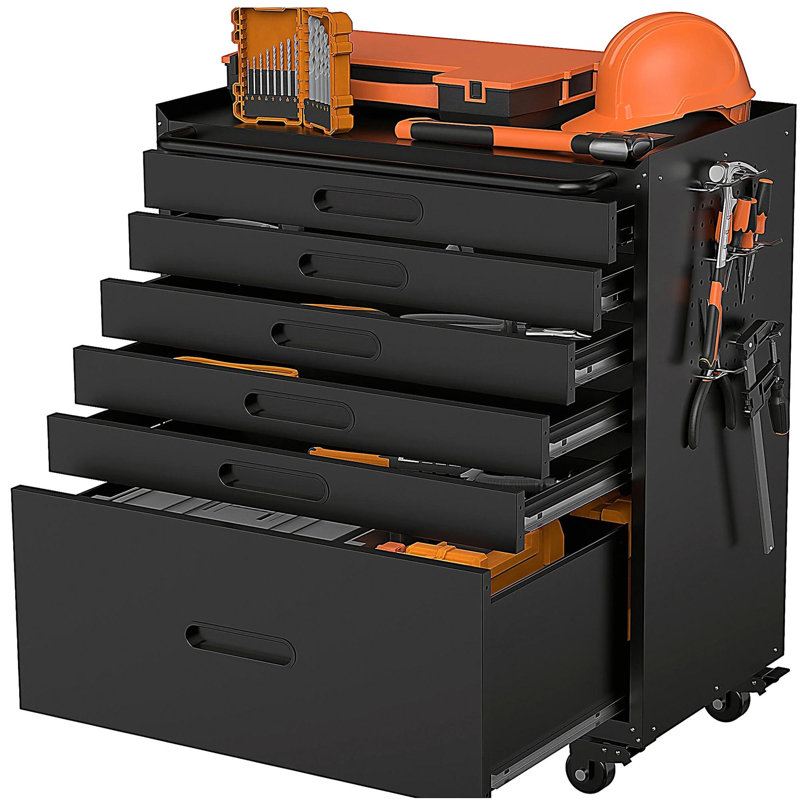 Coffre à outils roulant 34,3 po avec 6 tiroirs - Organisateur de garage mobile, tous les tiroirs pour les petites pièces et les outils, fabrication en acier robuste
