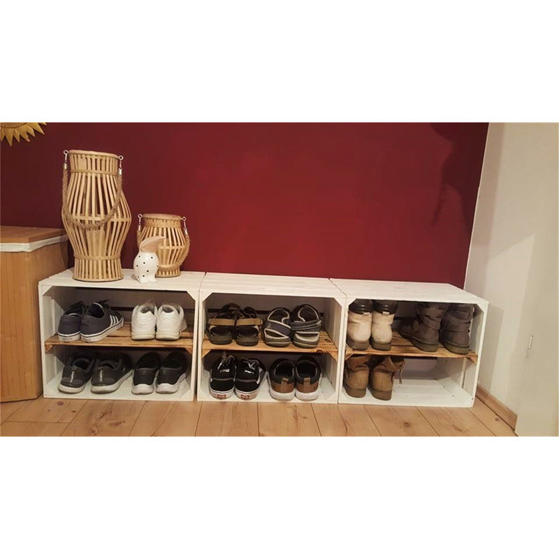 4 Pair Stackable Solid Wood Shoe Rack, White/Brown