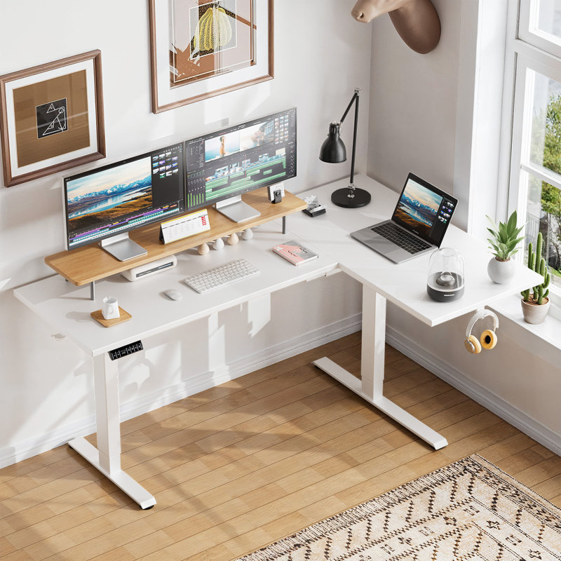 Bureau debout électrique en L 71 po à hauteur réglable avec 3 préréglages de mémoire, Brun / Noir, L 71 po x P 47 po