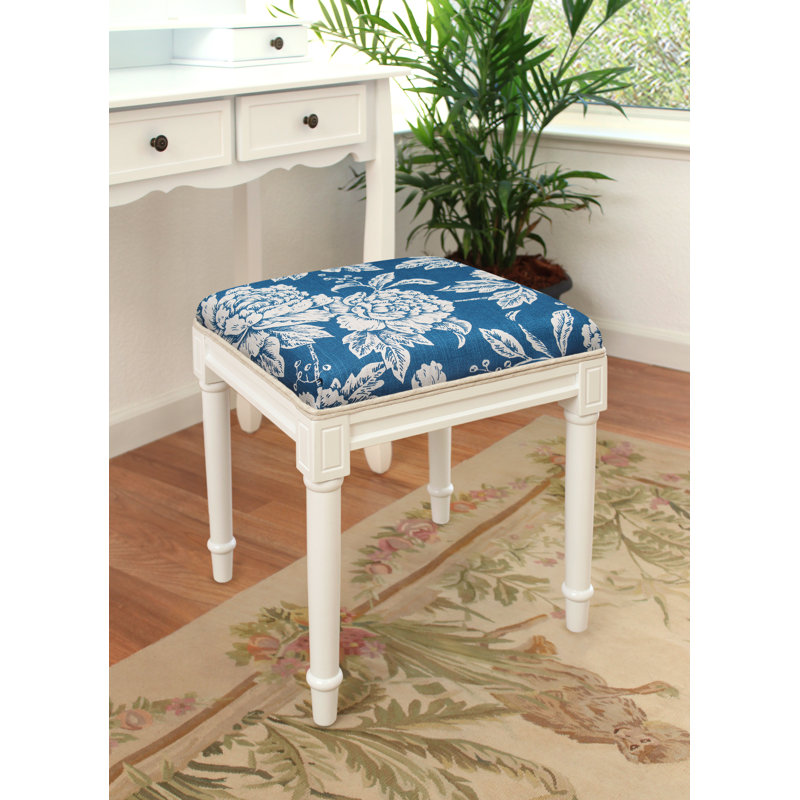 Tabouret de coiffeuse en lin gris avec pivoine grise, Blanc, Bleu marine
