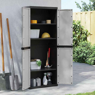 Armoire de rangement d'extérieur vidaXL - Polypropylène / PP résistant aux intempéries, tablettes réglables, verrouillables, conception compacte pour jardin / balcon / patio, gris et noir, 38,2 po x 14,6 po x 65 po