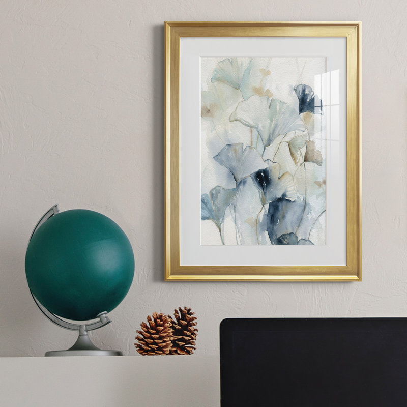 Indigo Ginkgo I - peinture sur toile encadrée, Or, H 18,5 po x l 24,5 po x P 1,5 po