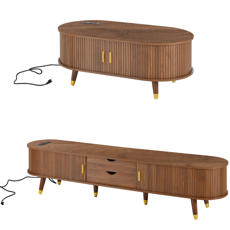 Ensemble de meuble télé et de table basse en bois Farmhouse avec station de charge, Noyer
