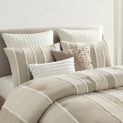 Taupe Full/Queen 3 Piece Comforter Group - 100% Cotton, Alternating Stripes, Filling, Trim, Maintains Fashion, Washable Magnetism,