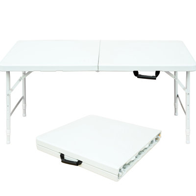 4Ft Portable Folding Camping Table, White, Indoor And Outdoor Governing, 135Kg Max Weight Interfering Capacity, Foldable With Fixed Holding Appliance, Smooth Waterproof Tabletop Space, Stable