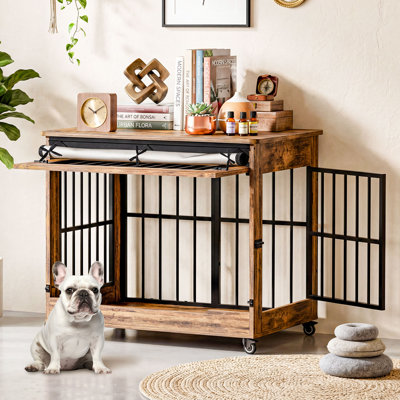 Meuble de cage de 96,5 cm (38 po), niche intérieure en bois à double porte, table d'appoint décorative avec roulettes pour chiens de grande et moyenne race, taille L, marron