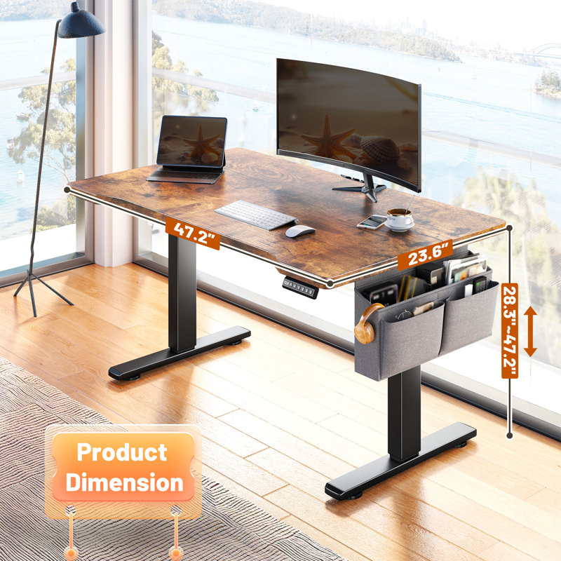 Electric Height Adjustable Standing Desk With Storage, Home Office Computer Desk With Led Lights, Brown, 47" W x 23.6" D