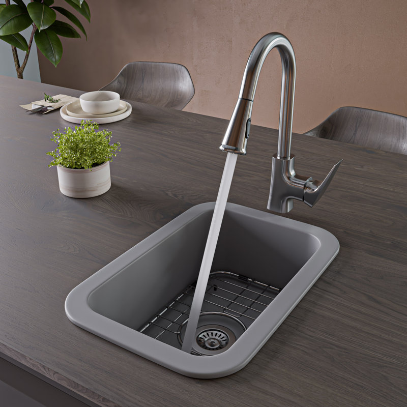 ALFI brand ABF1319UD-GM Grey Matte Small 13"x19" Rectangle Fireclay Undermount or Drop In Prep Sink w Grid, Matte Gray