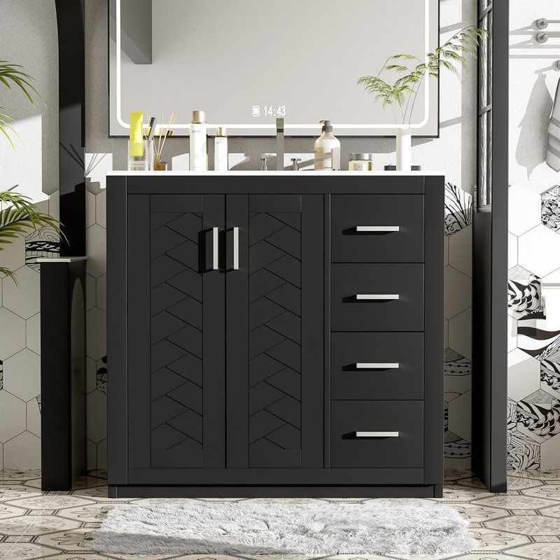 Ensemble de meuble-lavabo 36 po avec lavabo en céramique, armoire de rangement en bois massif, ensemble de meuble-lavabo autoportant avec 3 tiroirs et portes à fermeture douce