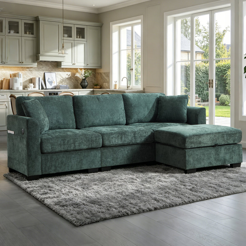Green Chenille Sectional Sofa,Couch with Storage Ottoman and USB Charge Ports, Green Chenille