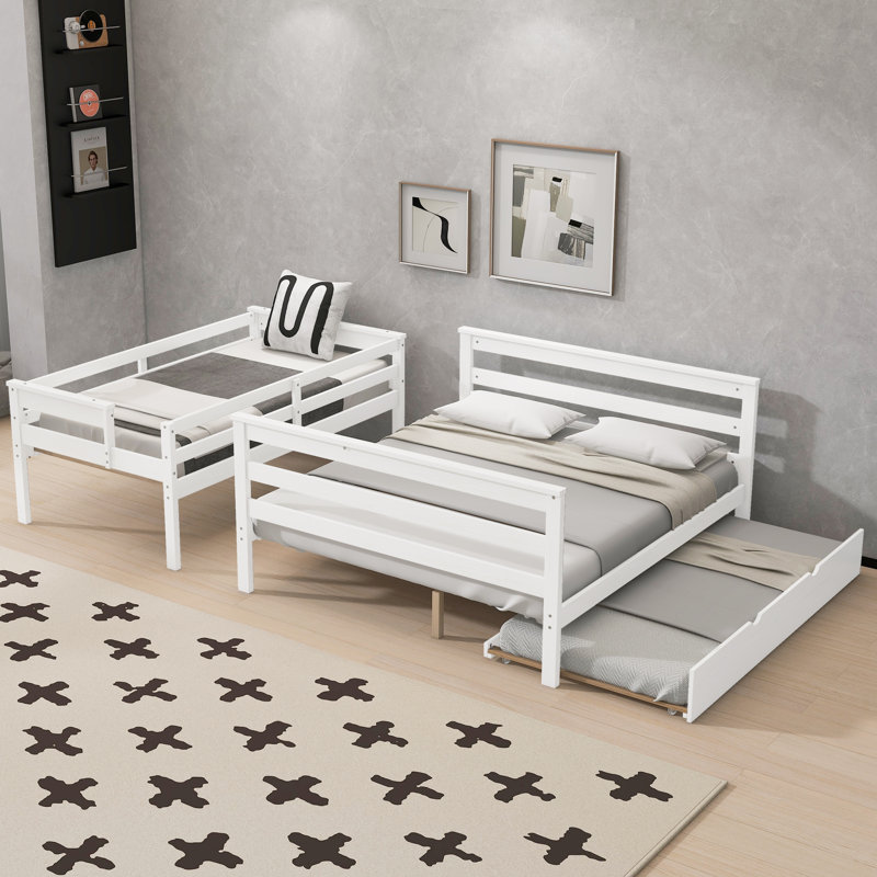 Wood Twin XL over Queen Bunk Bed with Trundle and Ladder,Can be Separated into 3 Beds,White, White