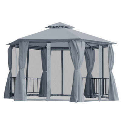 3 X 3m Grey Hexagon Gazebo, Outdoor Patio Party Tent With 2-tier Ventilated Roof, 6 Zipper Mesh Nettings And Privacy Curtains, Steel Frame Garden Shelter