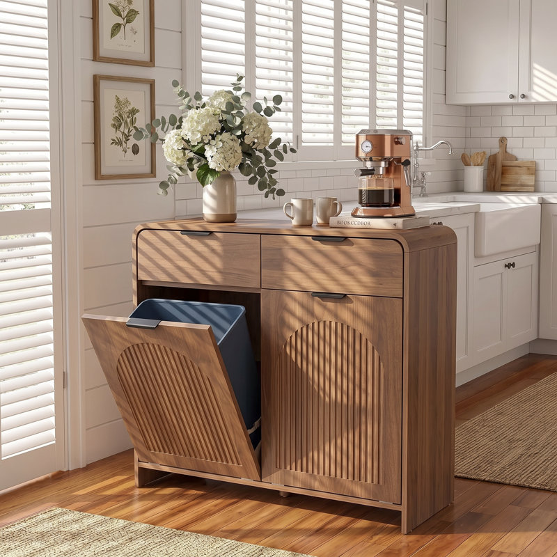 Double 10 Gallons Tilt Out Trash Can Cabinet,Fluted Tilt Out Laundry Hamper Cabinet with 2 Drawers , 2 Laundry Baskets and AC Outlet