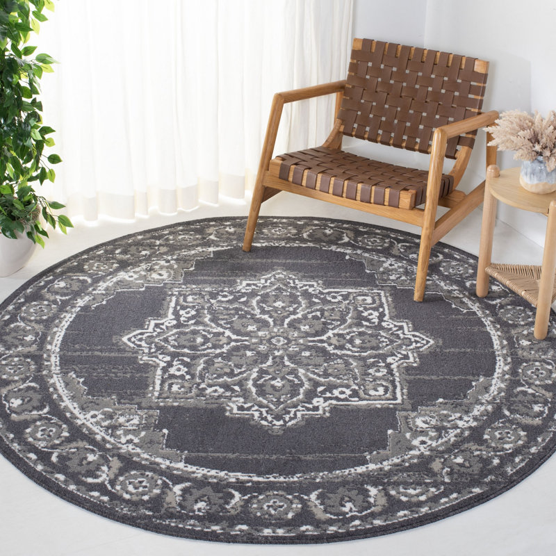 Tapis oriental gris anthracite / ivoire en polypropylène tissé à la machine, Rond 6 pi 7 po