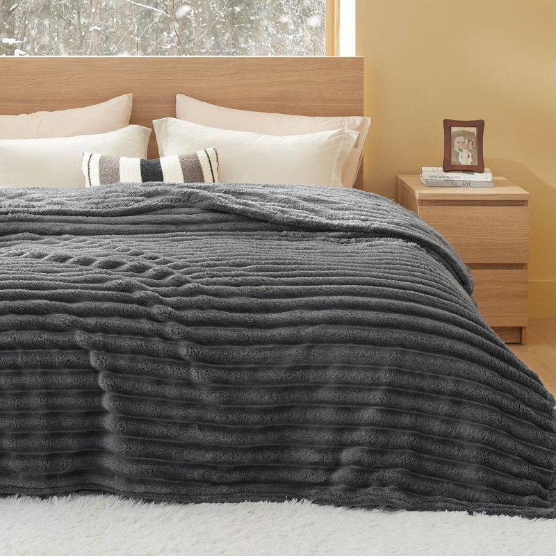 Bedsure 349gsm Blanket For Couch - Super Soft Cozy Blankets, Cute Small Fleece Blanket, Wider Striped Design, Dark Gray, King