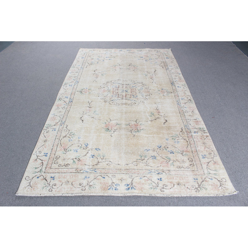 Grand tapis beige en laine Oushak rétro avec frange, idéal pour la salle à manger